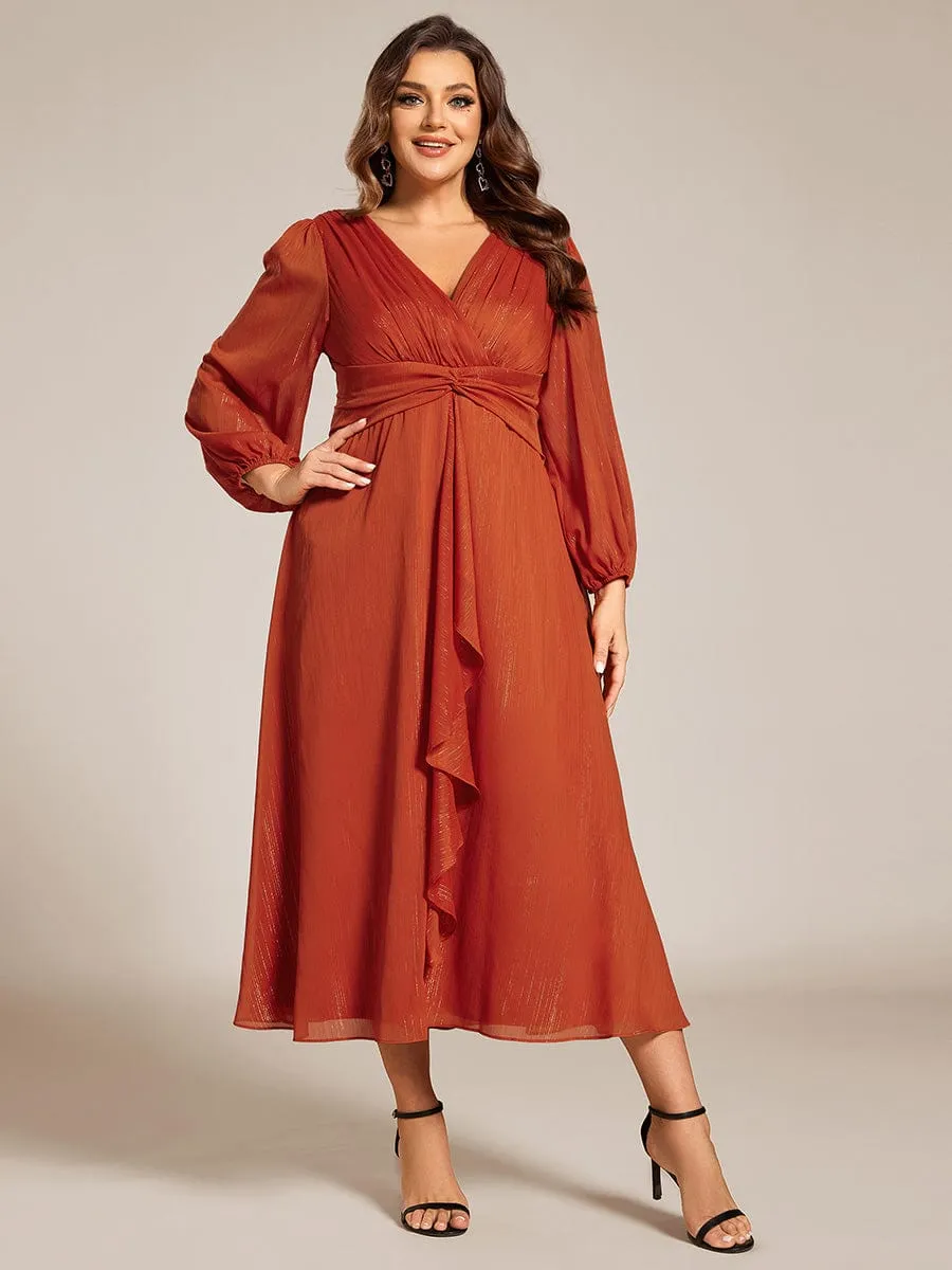 Plus Size Twist Knot Louts Leaf Long Sleeve A-Line Evening Dress