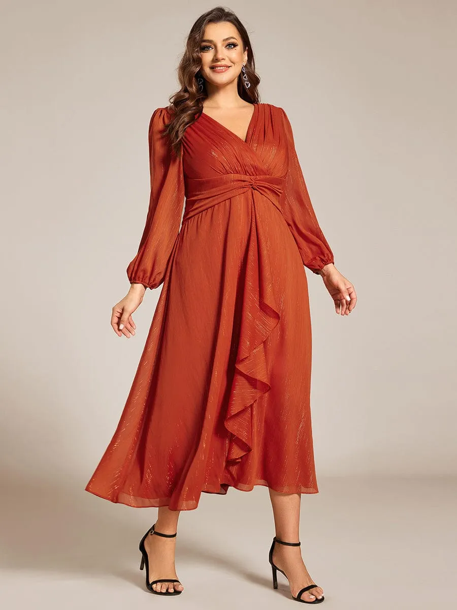 Plus Size Twist Knot Louts Leaf Long Sleeve A-Line Evening Dress