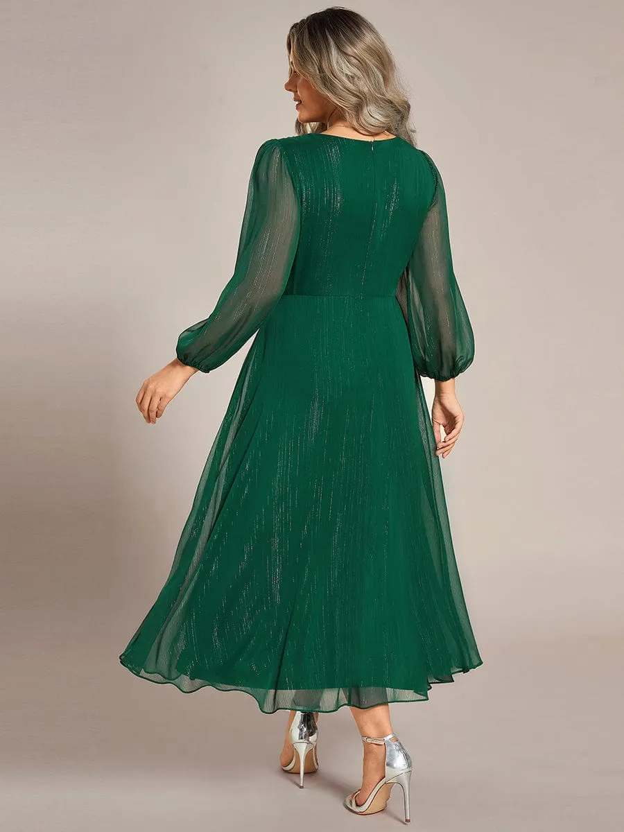 Plus Size Twist Knot Louts Leaf Long Sleeve A-Line Evening Dress