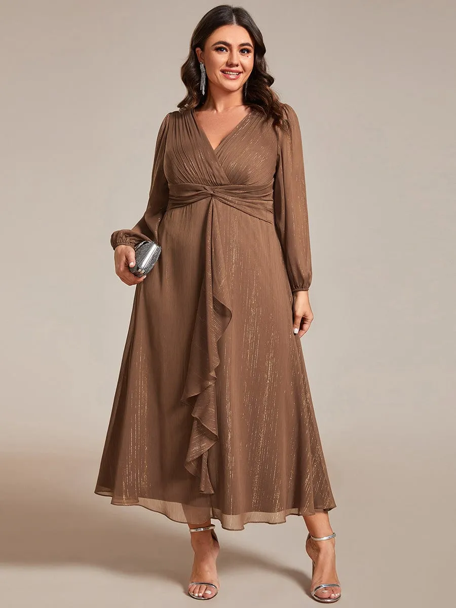 Plus Size Twist Knot Louts Leaf Long Sleeve A-Line Evening Dress