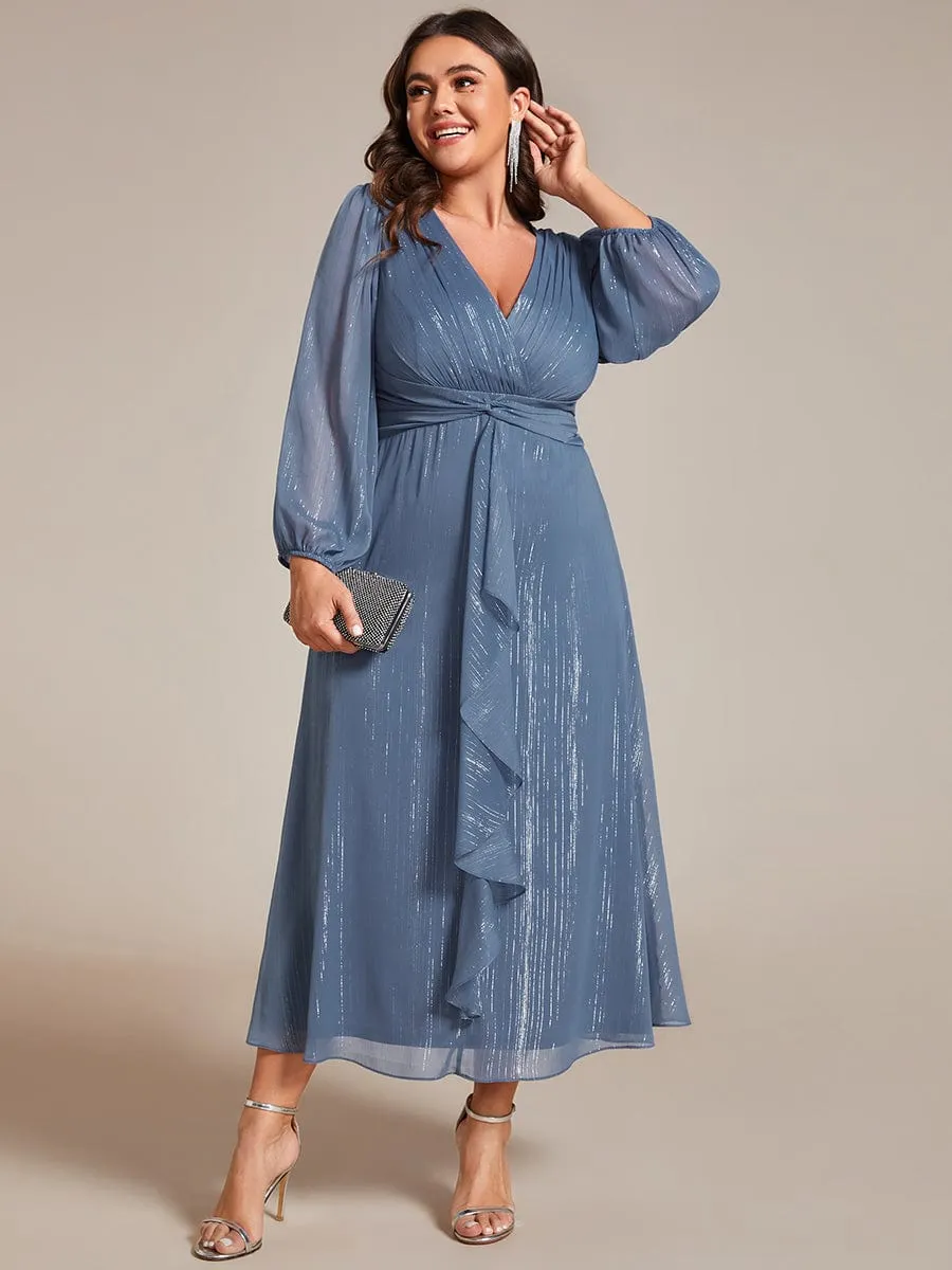 Plus Size Twist Knot Louts Leaf Long Sleeve A-Line Evening Dress