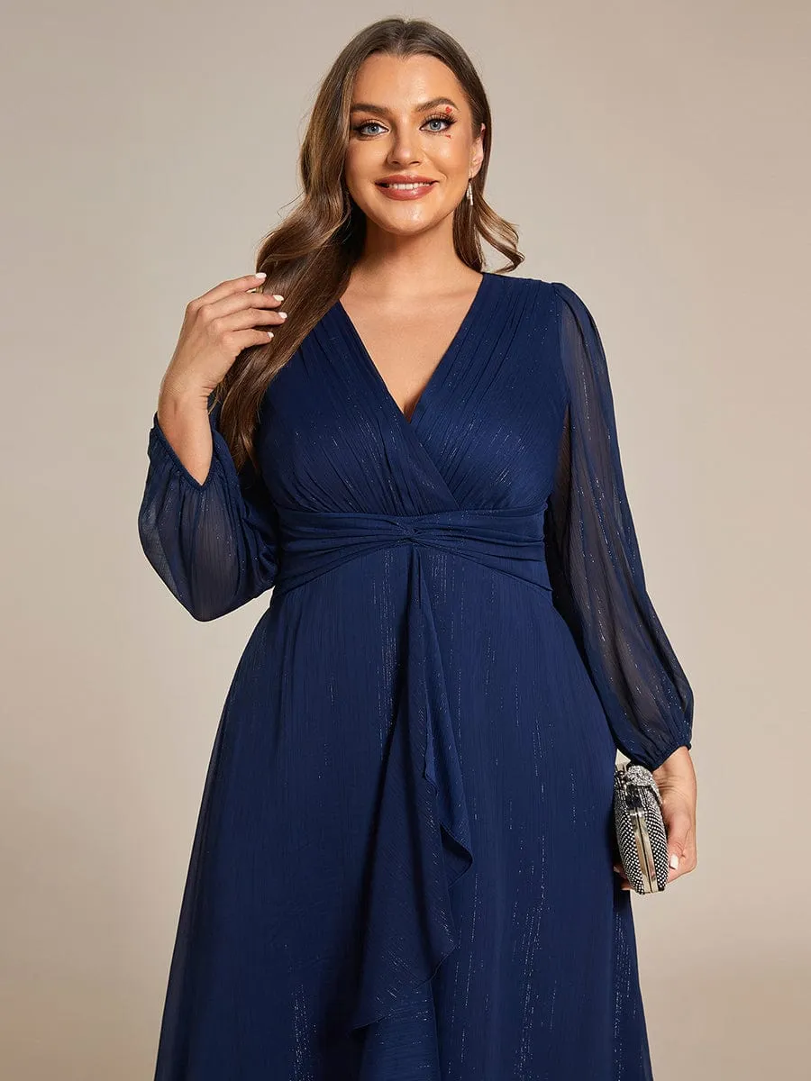 Plus Size Twist Knot Louts Leaf Long Sleeve A-Line Evening Dress