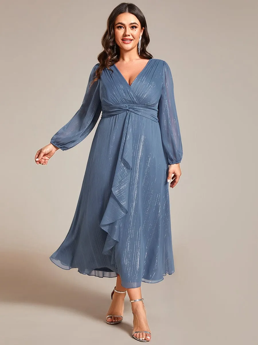 Plus Size Twist Knot Louts Leaf Long Sleeve A-Line Evening Dress