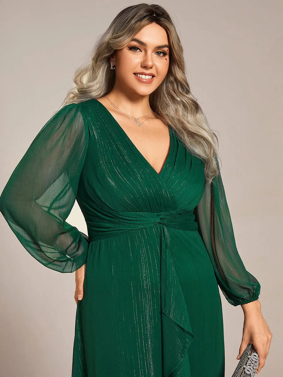 Plus Size Twist Knot Louts Leaf Long Sleeve A-Line Evening Dress