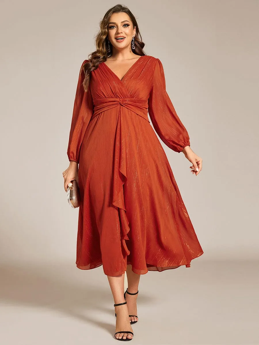 Plus Size Twist Knot Louts Leaf Long Sleeve A-Line Evening Dress