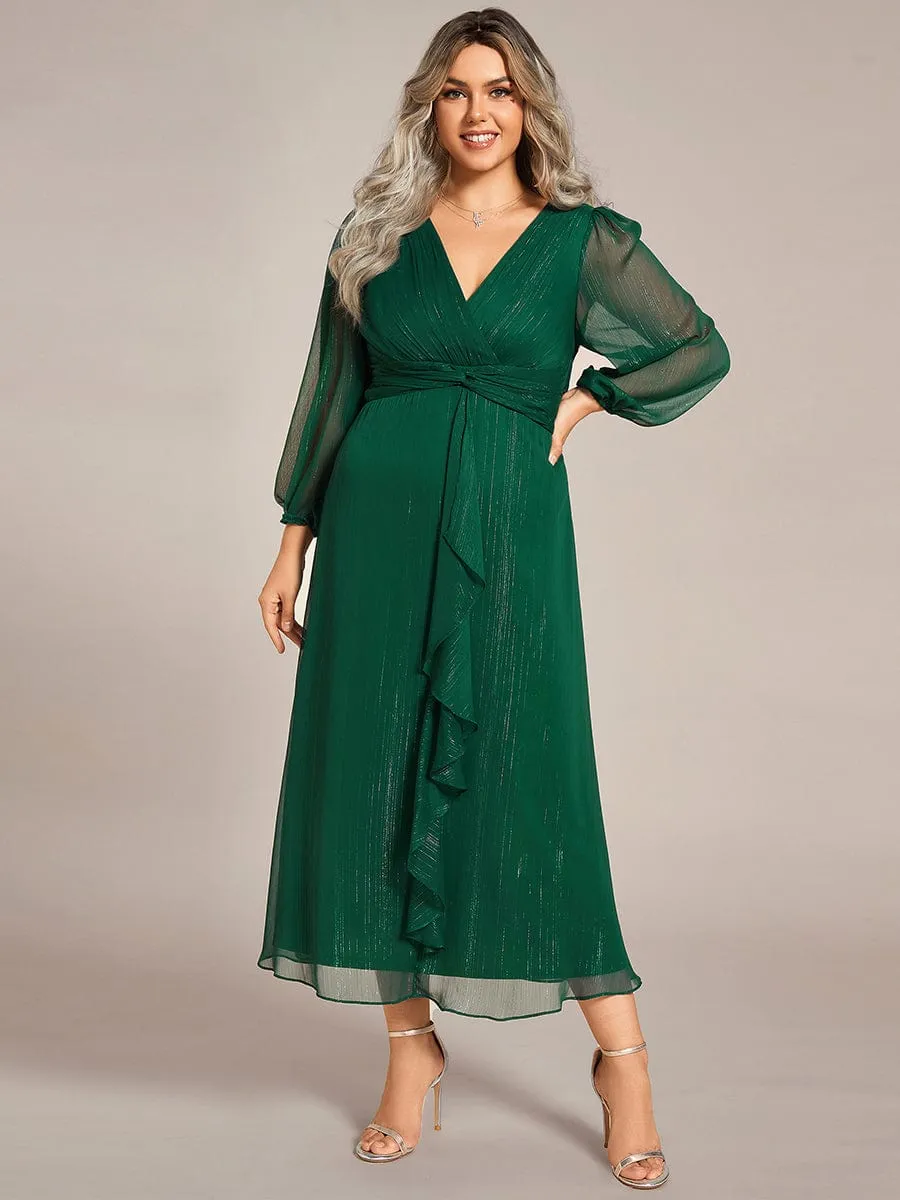 Plus Size Twist Knot Louts Leaf Long Sleeve A-Line Evening Dress