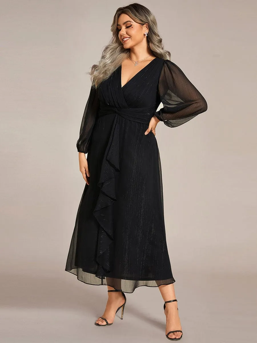 Plus Size Twist Knot Louts Leaf Long Sleeve A-Line Evening Dress