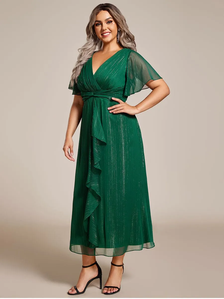 Plus Size Twist Knot Louts Leaf Long Sleeve A-Line Evening Dress