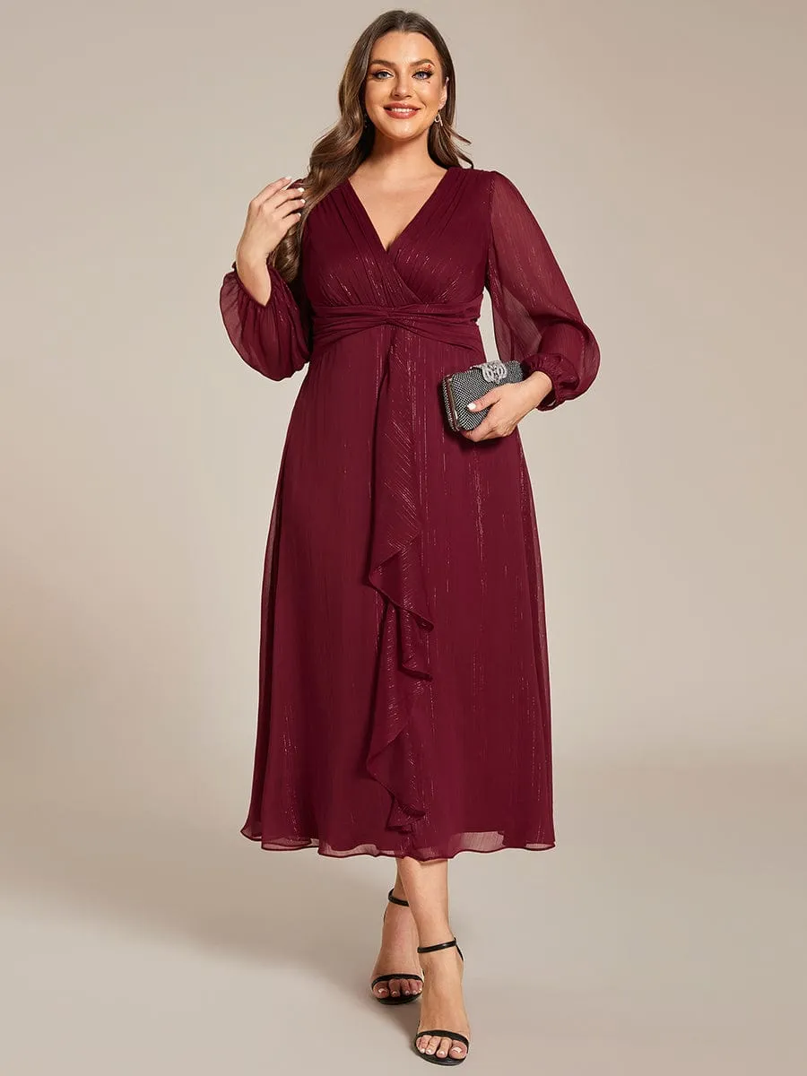 Plus Size Twist Knot Louts Leaf Long Sleeve A-Line Evening Dress