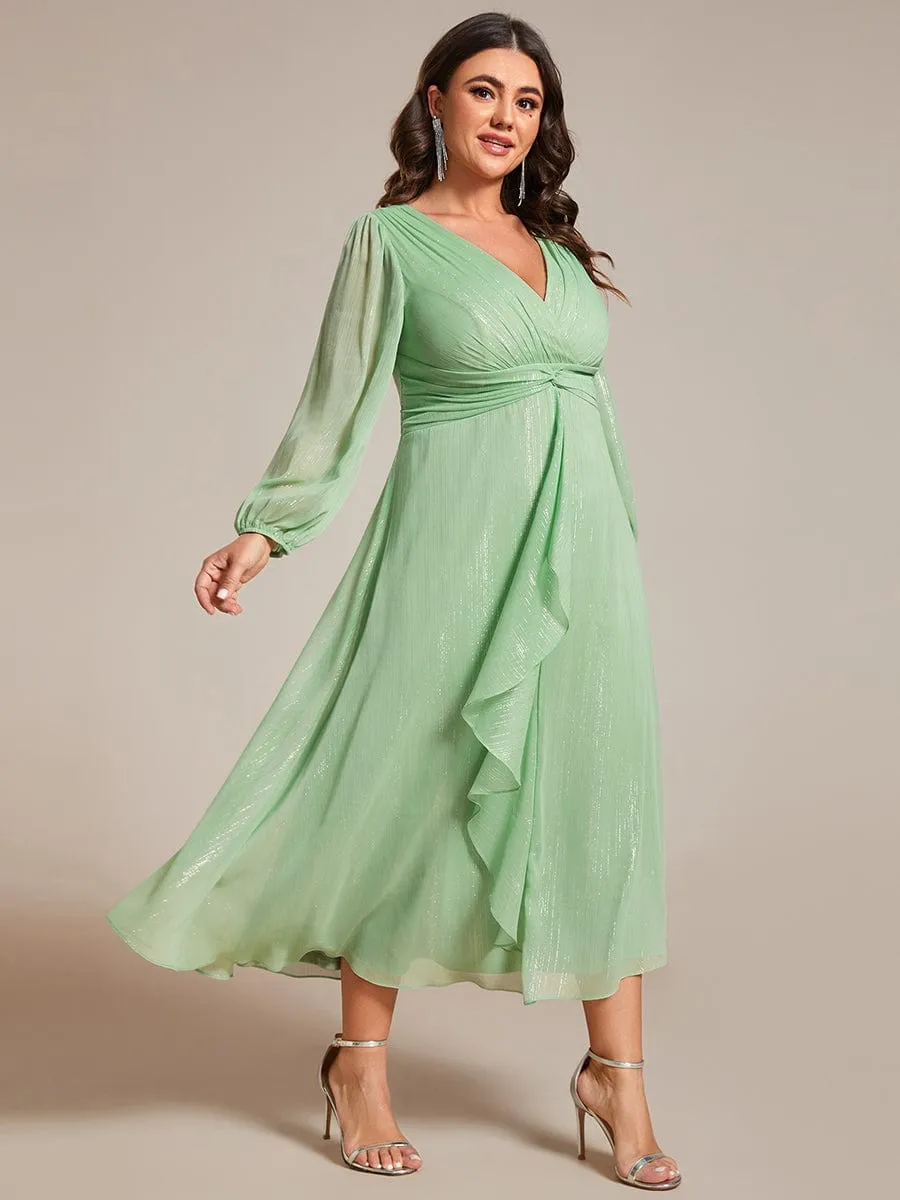 Plus Size Twist Knot Louts Leaf Long Sleeve A-Line Evening Dress