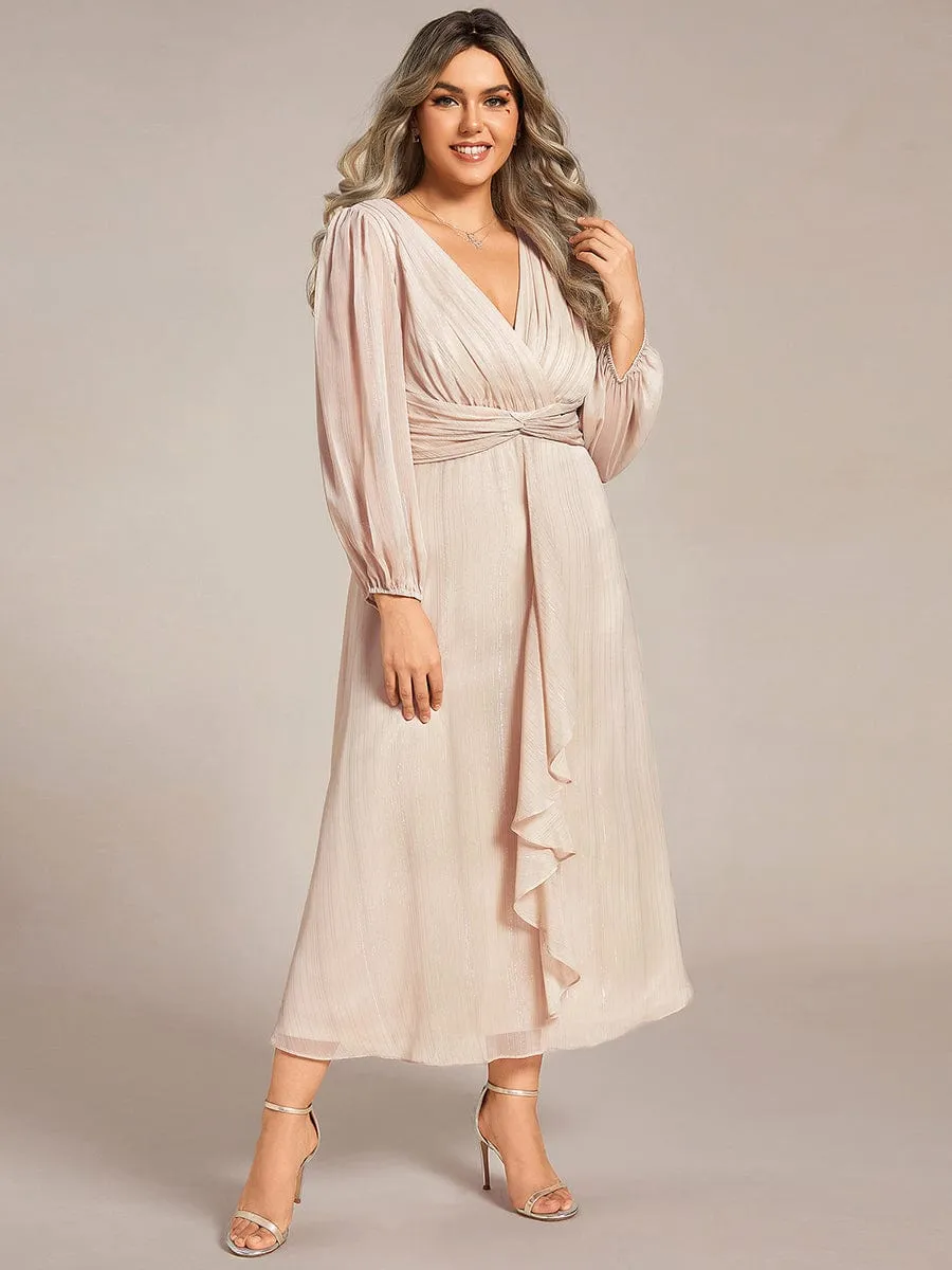 Plus Size Twist Knot Louts Leaf Long Sleeve A-Line Evening Dress