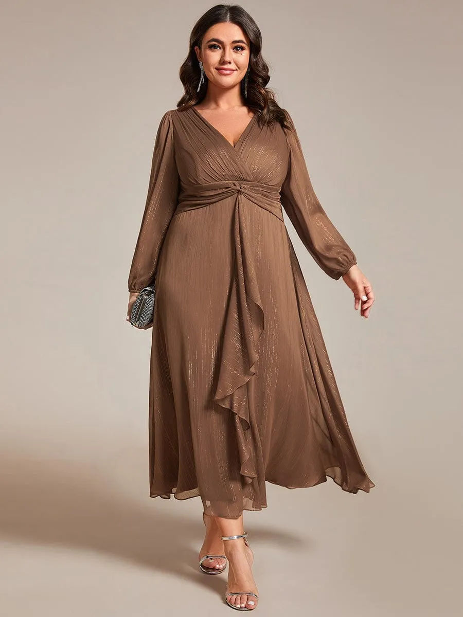 Plus Size Twist Knot Louts Leaf Long Sleeve A-Line Evening Dress