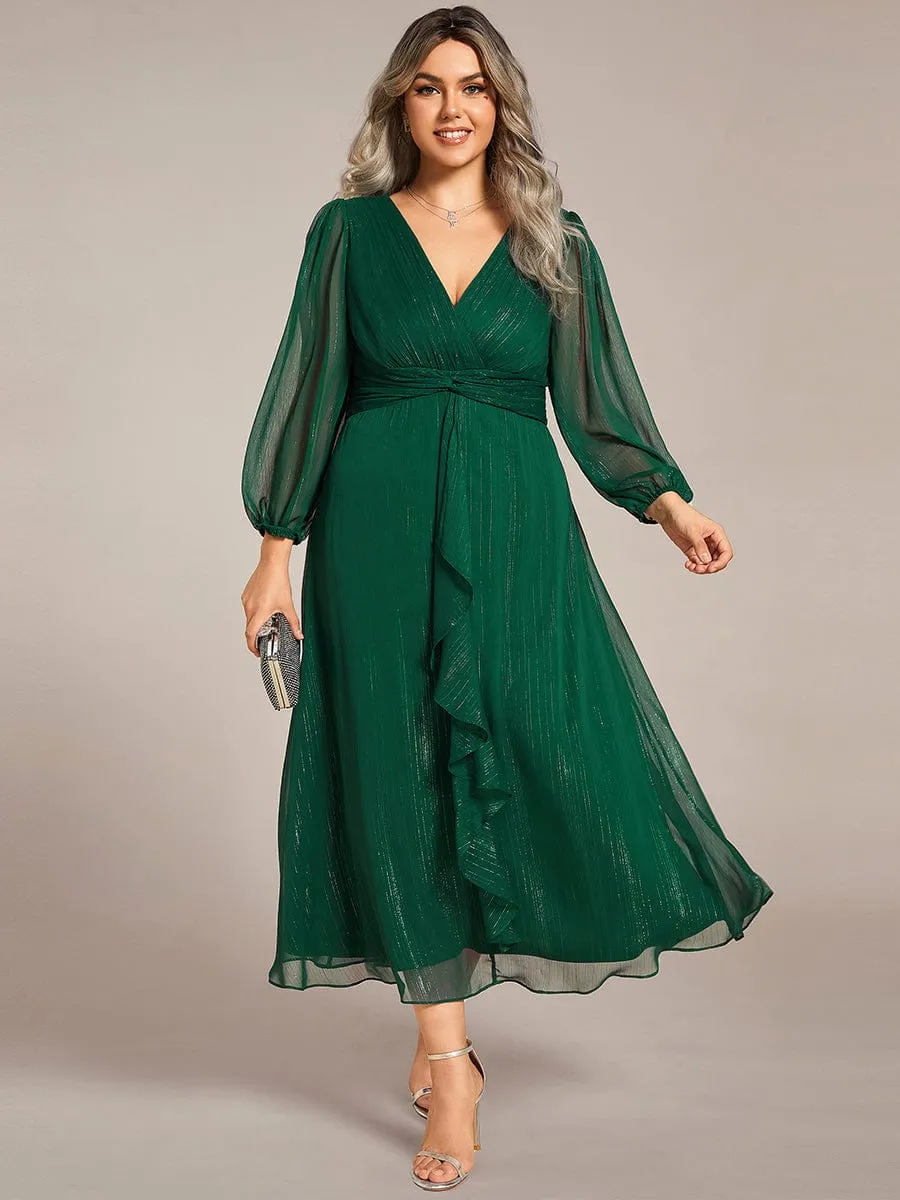 Plus Size Twist Knot Louts Leaf Long Sleeve A-Line Evening Dress