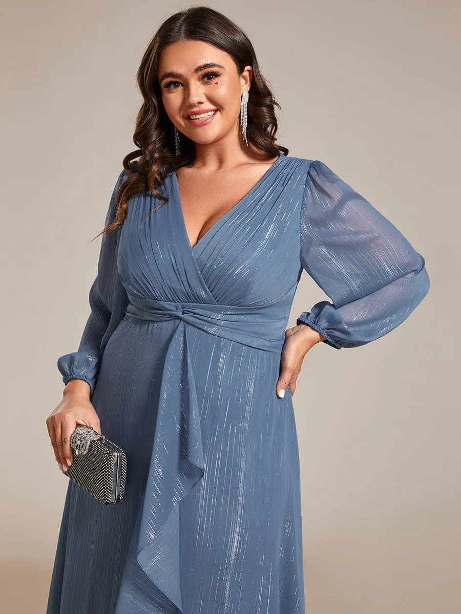 Plus Size Twist Knot Louts Leaf Long Sleeve A-Line Evening Dress