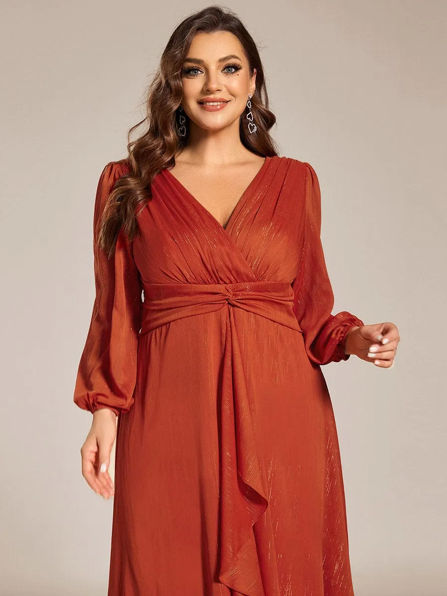 Plus Size Twist Knot Louts Leaf Long Sleeve A-Line Evening Dress