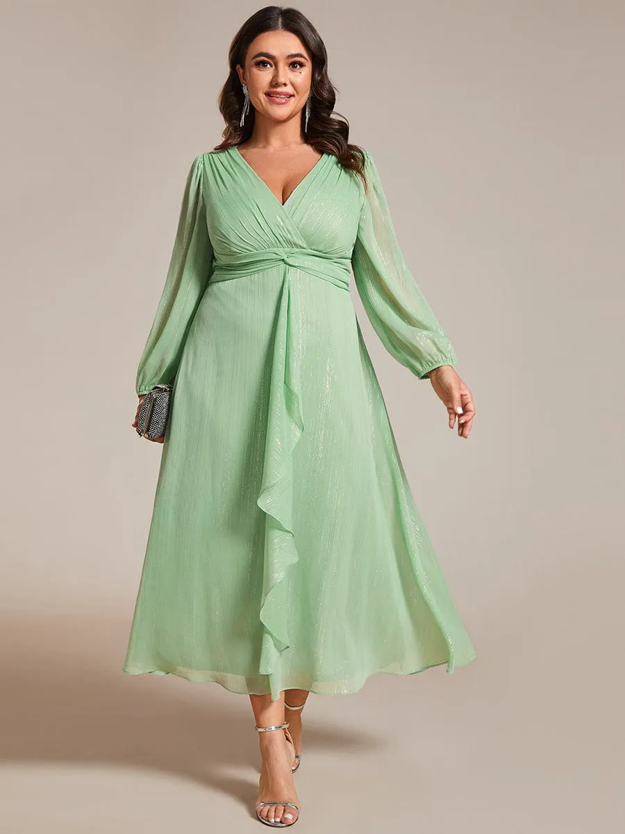 Plus Size Twist Knot Louts Leaf Long Sleeve A-Line Evening Dress