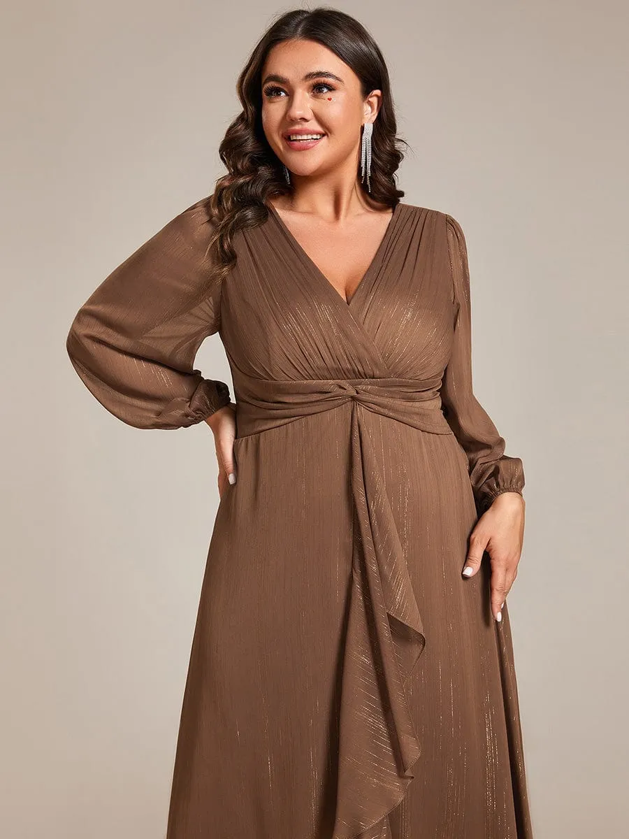 Plus Size Twist Knot Louts Leaf Long Sleeve A-Line Evening Dress