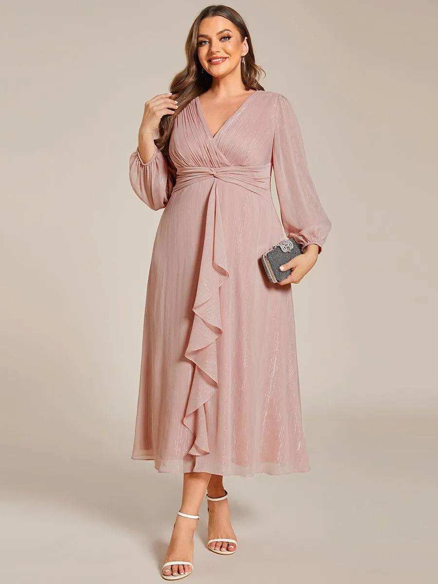 Plus Size Twist Knot Louts Leaf Long Sleeve A-Line Evening Dress