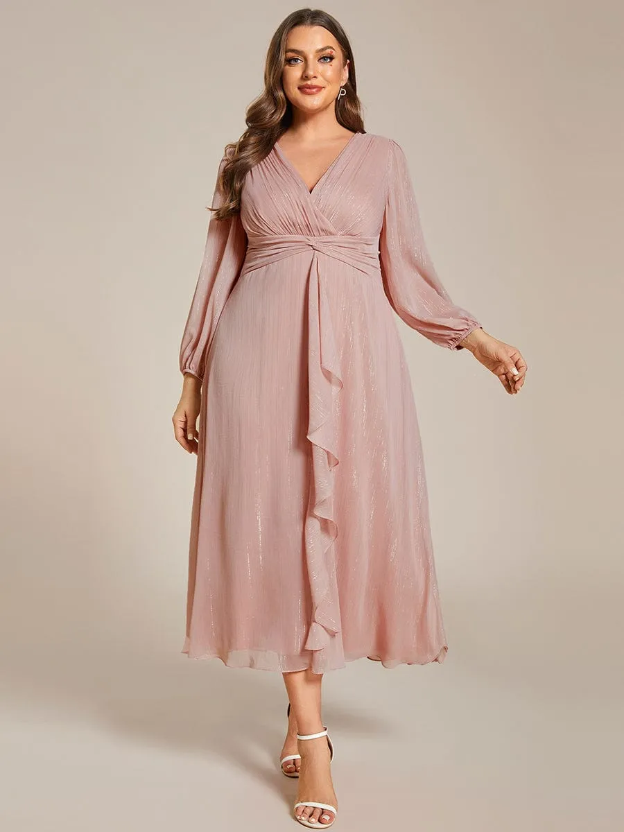 Plus Size Twist Knot Louts Leaf Long Sleeve A-Line Evening Dress