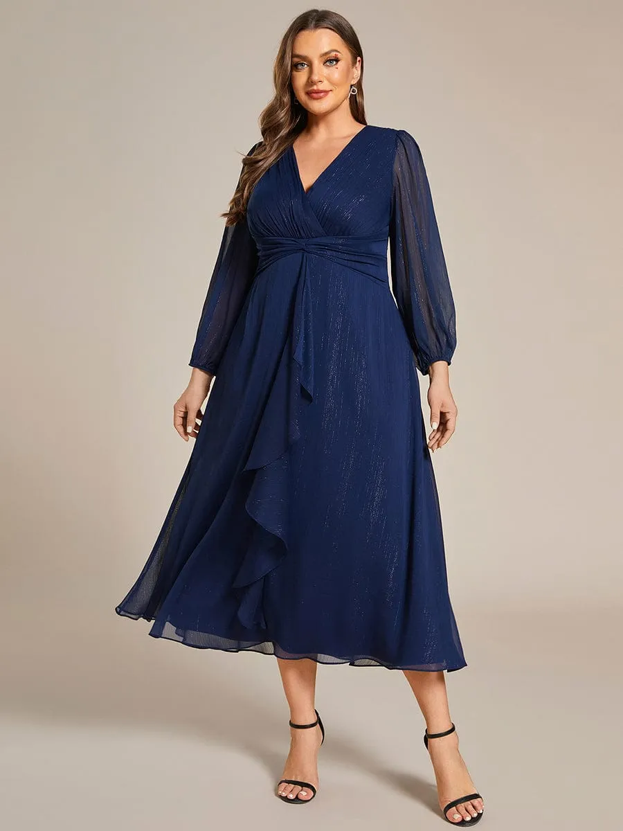 Plus Size Twist Knot Louts Leaf Long Sleeve A-Line Evening Dress