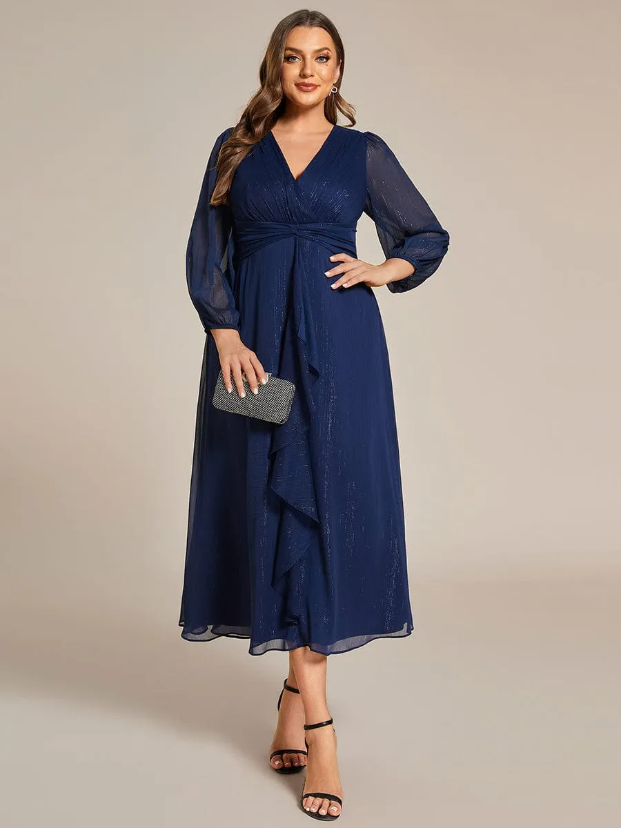 Plus Size Twist Knot Louts Leaf Long Sleeve A-Line Evening Dress