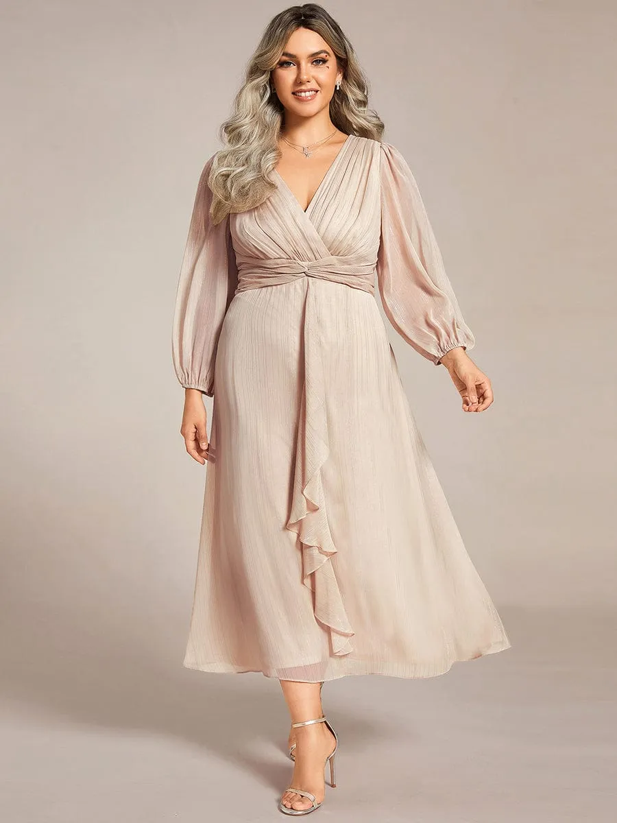 Plus Size Twist Knot Louts Leaf Long Sleeve A-Line Evening Dress