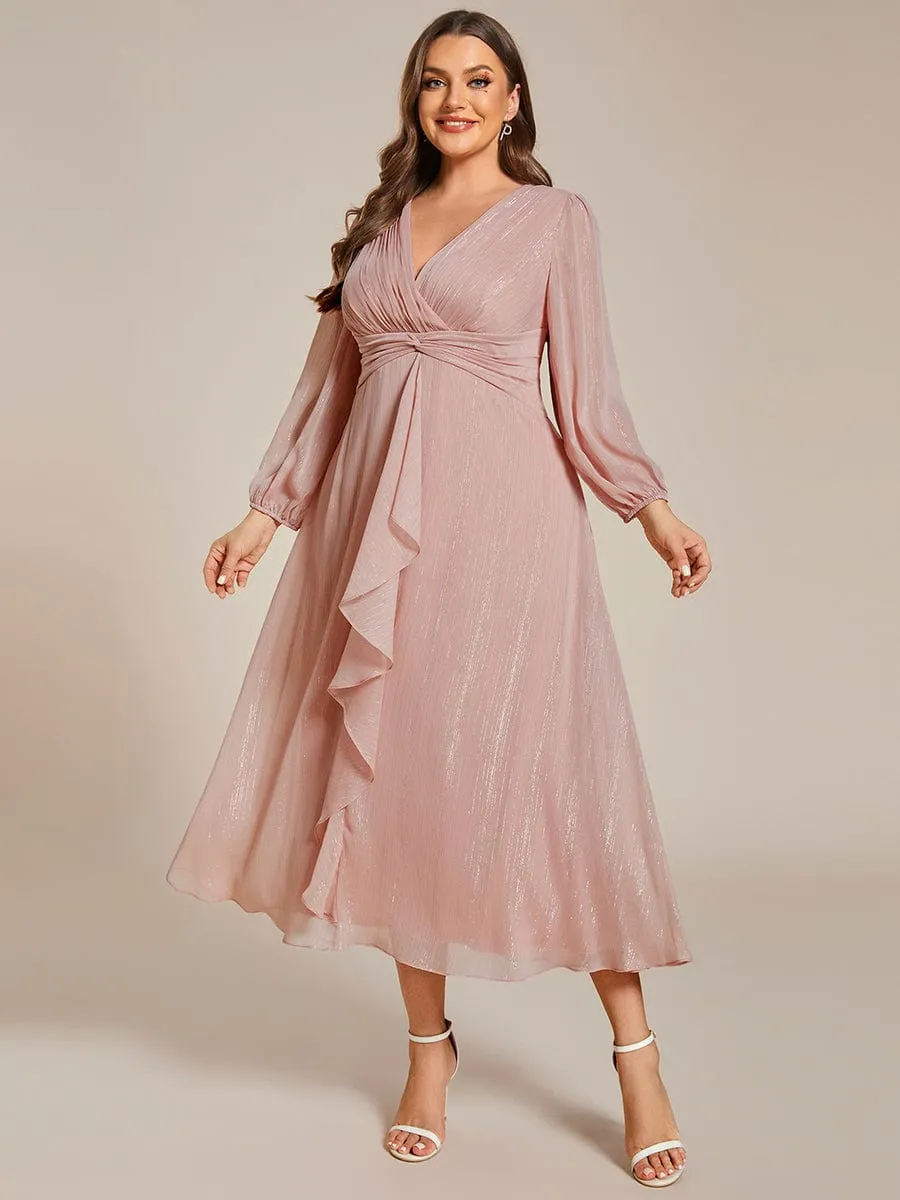 Plus Size Twist Knot Louts Leaf Long Sleeve A-Line Evening Dress