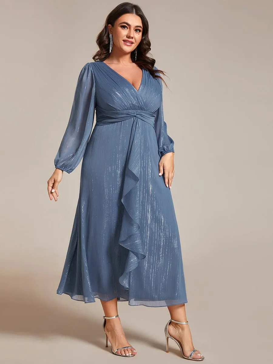 Plus Size Twist Knot Louts Leaf Long Sleeve A-Line Evening Dress