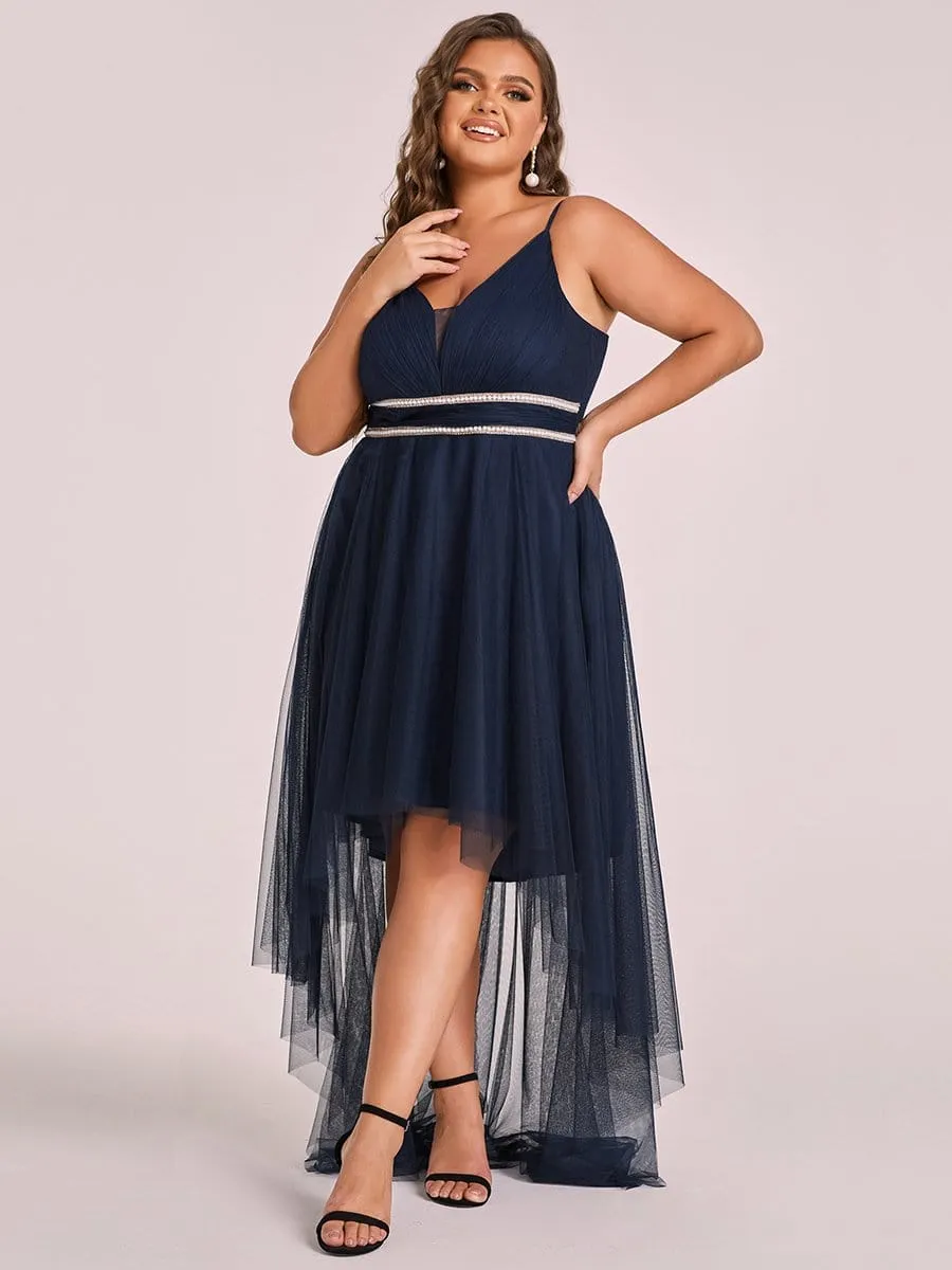 Plus Size V Neck High-low Hem Pleated Tulle Prom Dress