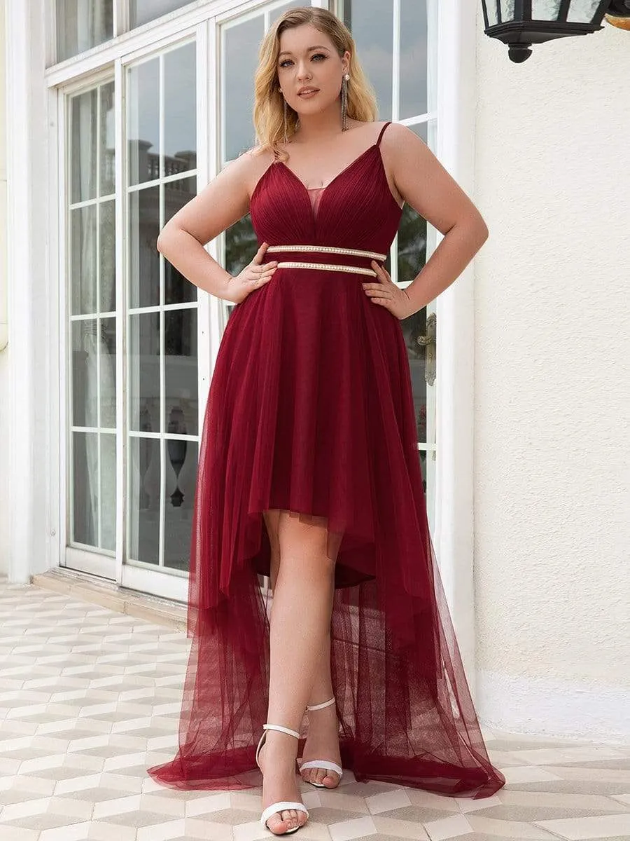 Plus Size V Neck High-low Hem Pleated Tulle Prom Dress