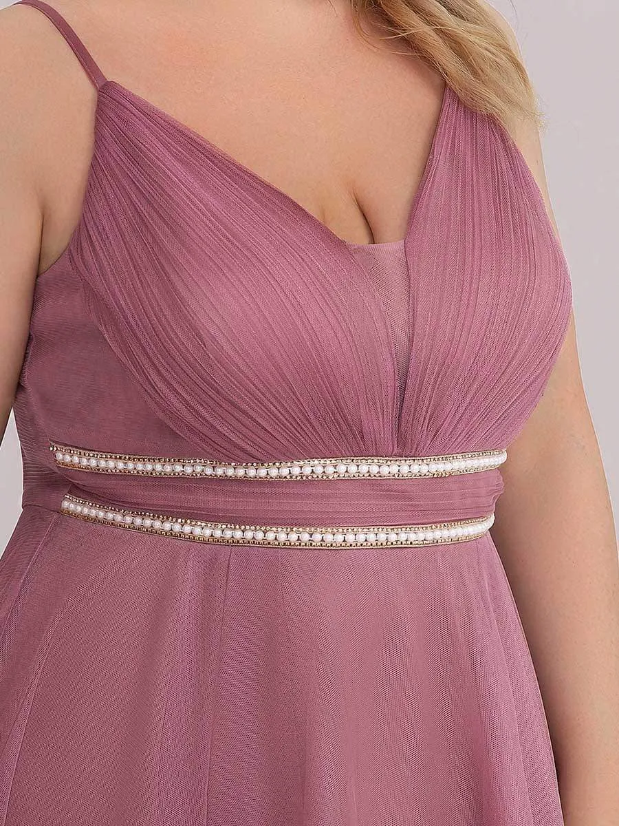 Plus Size V Neck High-low Hem Pleated Tulle Prom Dress