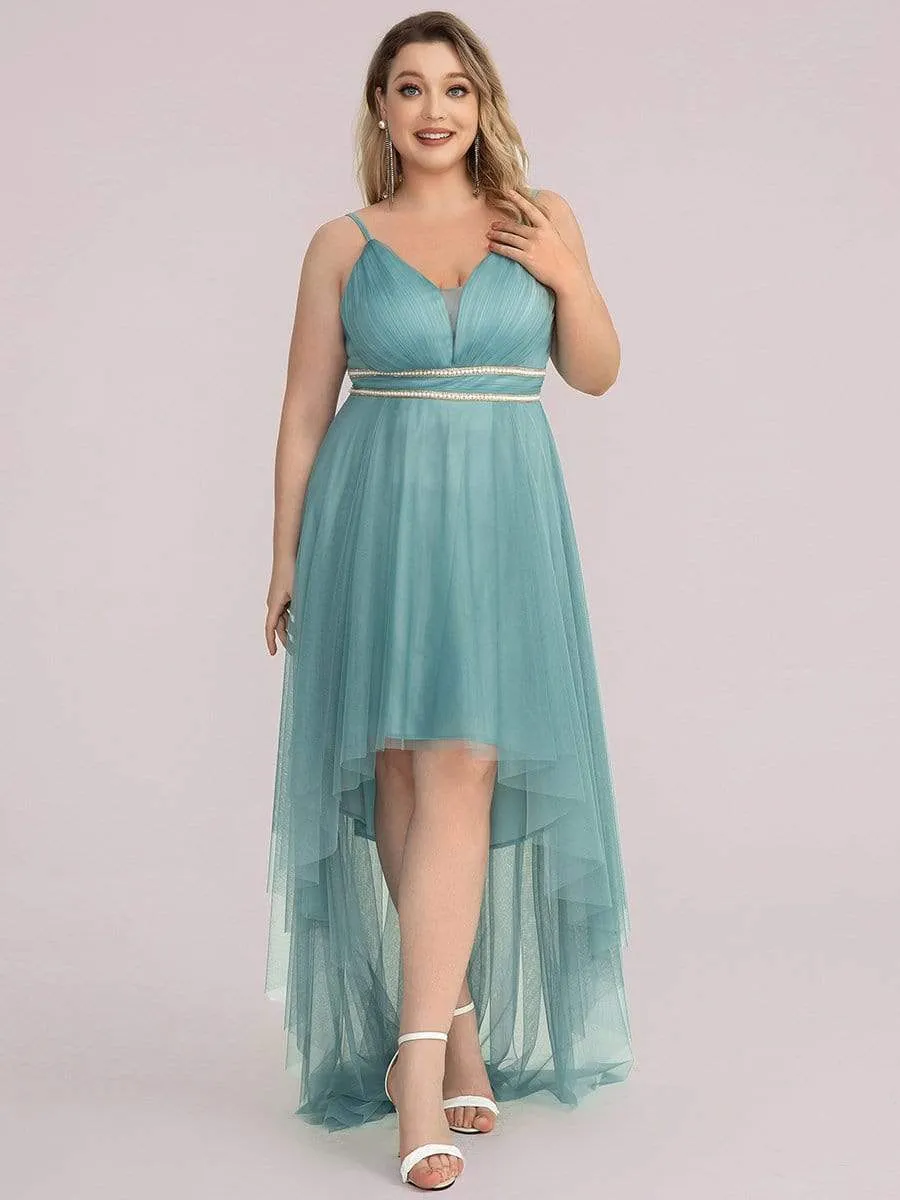 Plus Size V Neck High-low Hem Pleated Tulle Prom Dress