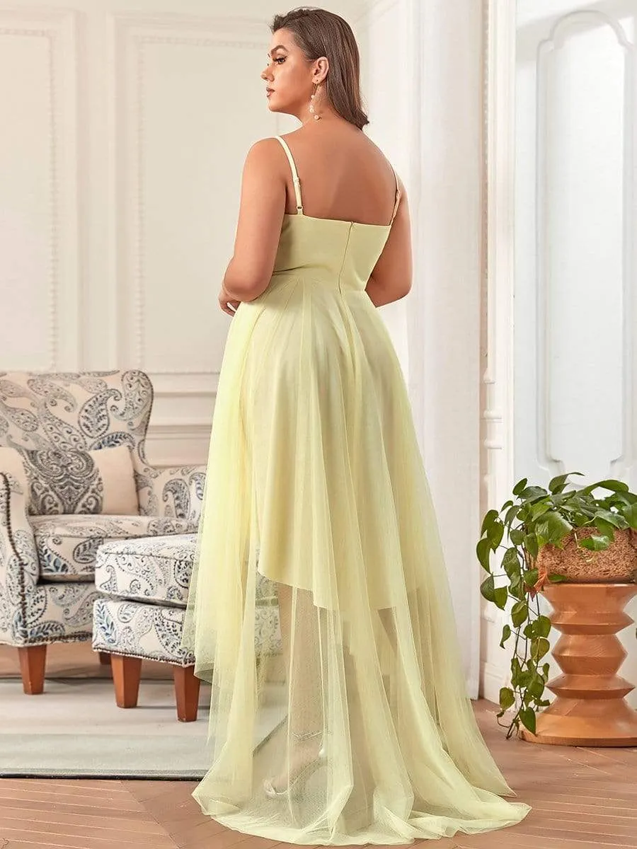 Plus Size V Neck High-low Hem Pleated Tulle Prom Dress