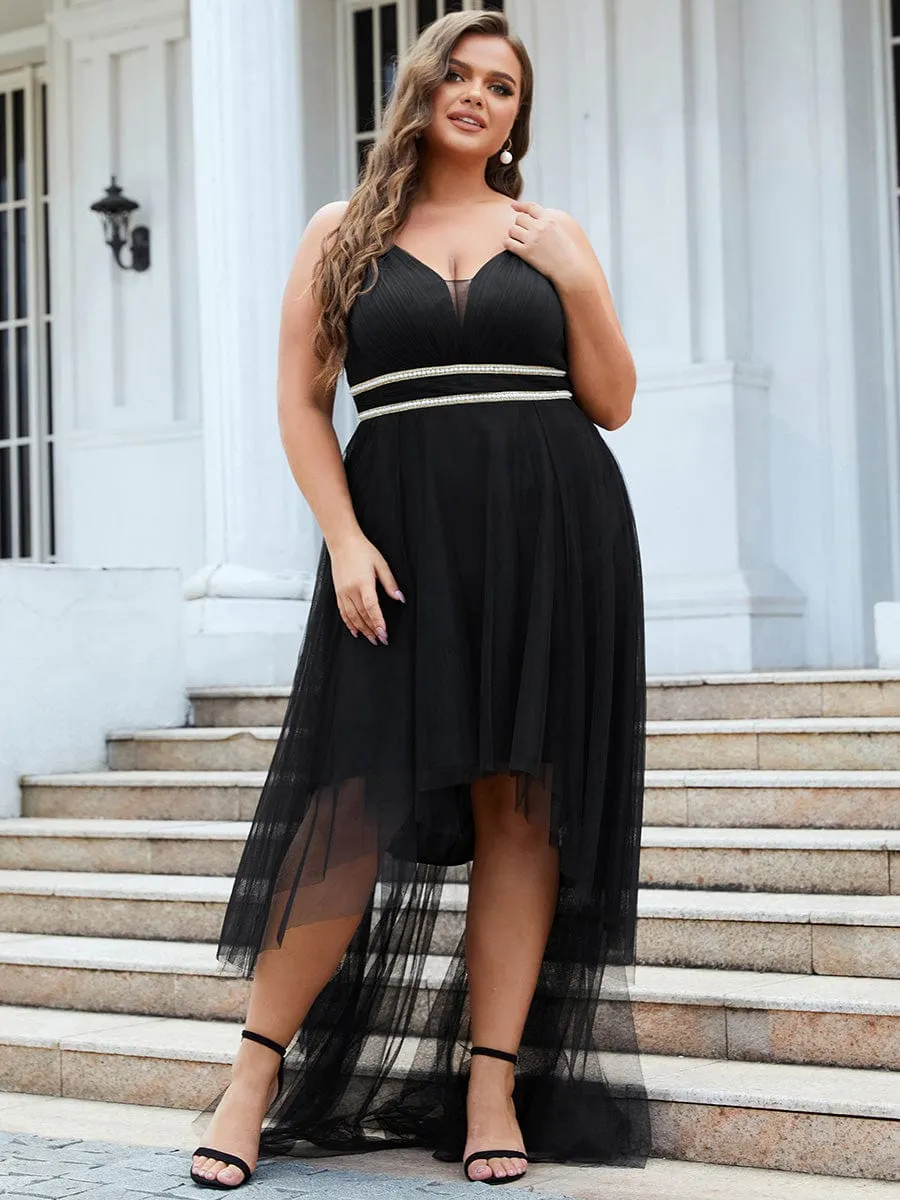 Plus Size V Neck High-low Hem Pleated Tulle Prom Dress