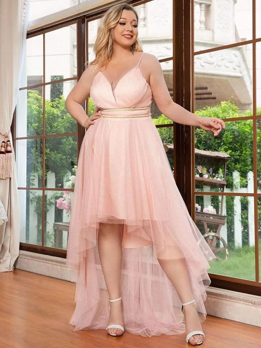 Plus Size V Neck High-low Hem Pleated Tulle Prom Dress