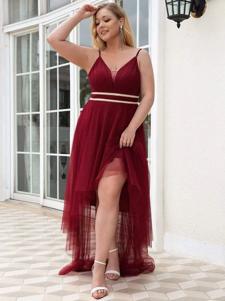 Plus Size V Neck High-low Hem Pleated Tulle Prom Dress