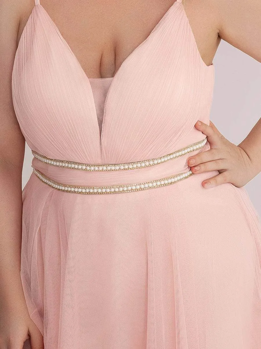 Plus Size V Neck High-low Hem Pleated Tulle Prom Dress