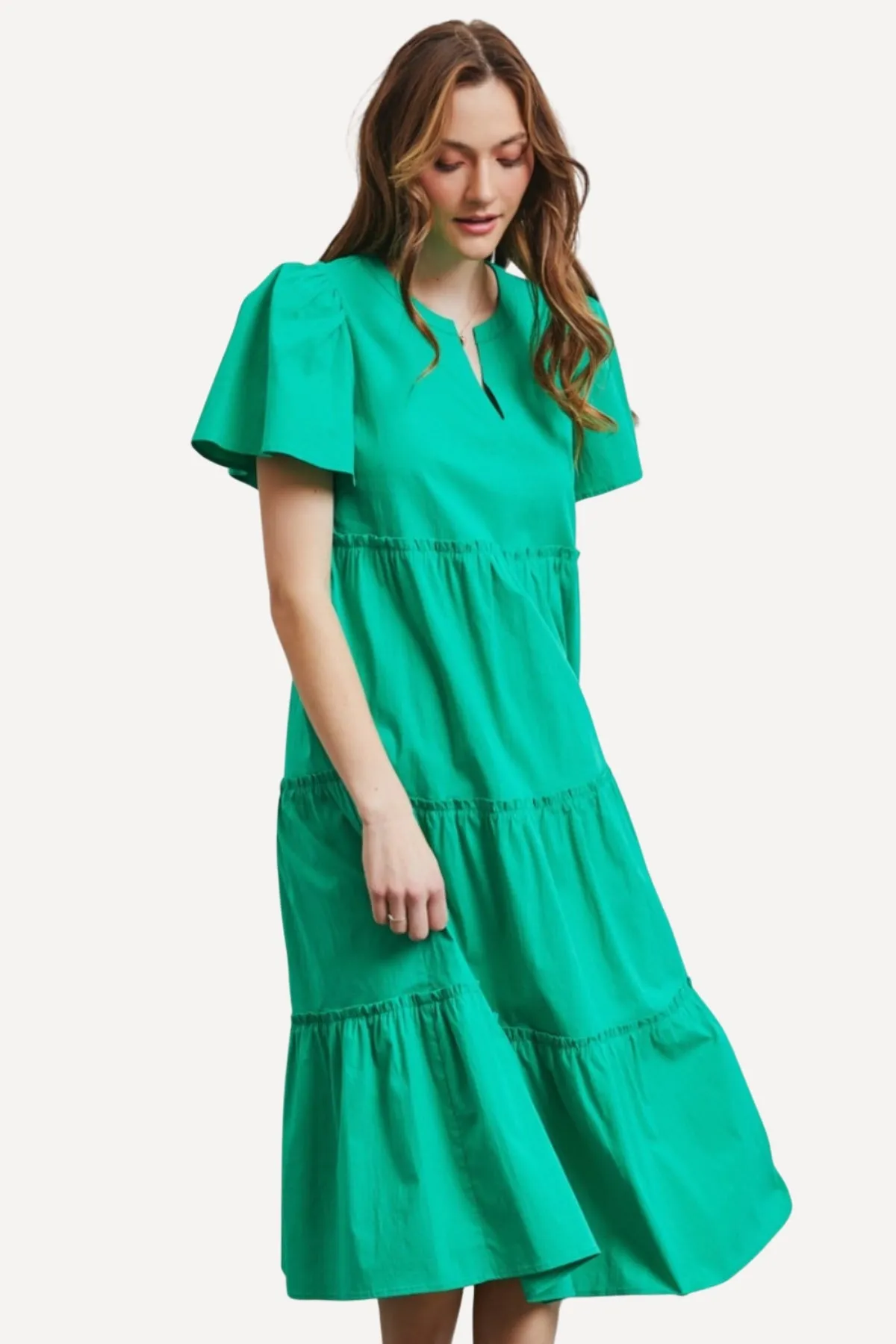 Poplin Tiered Midi Dress - Green