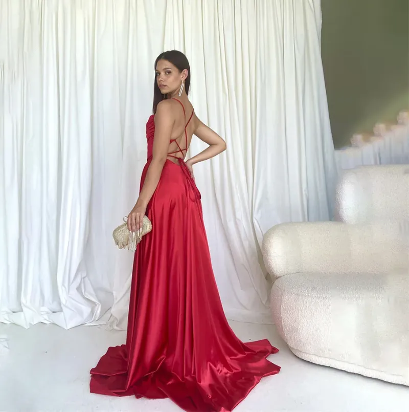 Red Lace Up Back Spaghetti Strap Satin Formal Party Gown