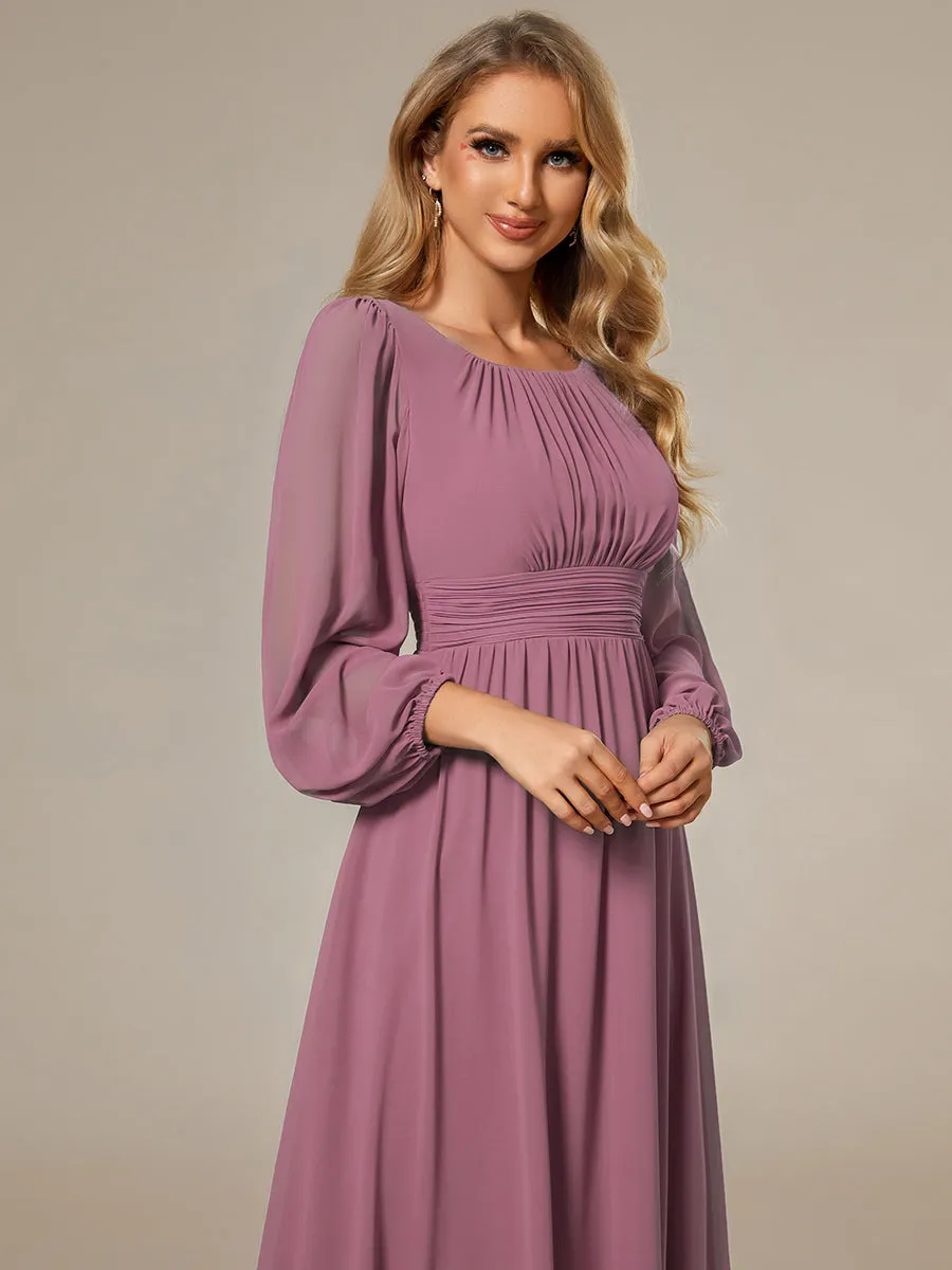 Round Neck Wholesale Bridesmaid Dresses with Long Lantern Sleeves