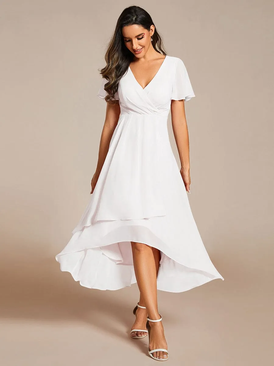 Ruffles Sleeve Pleated V-Neck A-Line Midi Chiffon Wedding Guest Dress