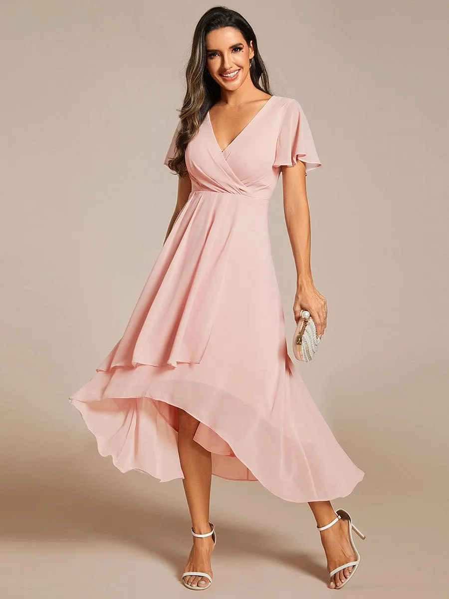 Ruffles Sleeve Pleated V-Neck A-Line Midi Chiffon Wedding Guest Dress