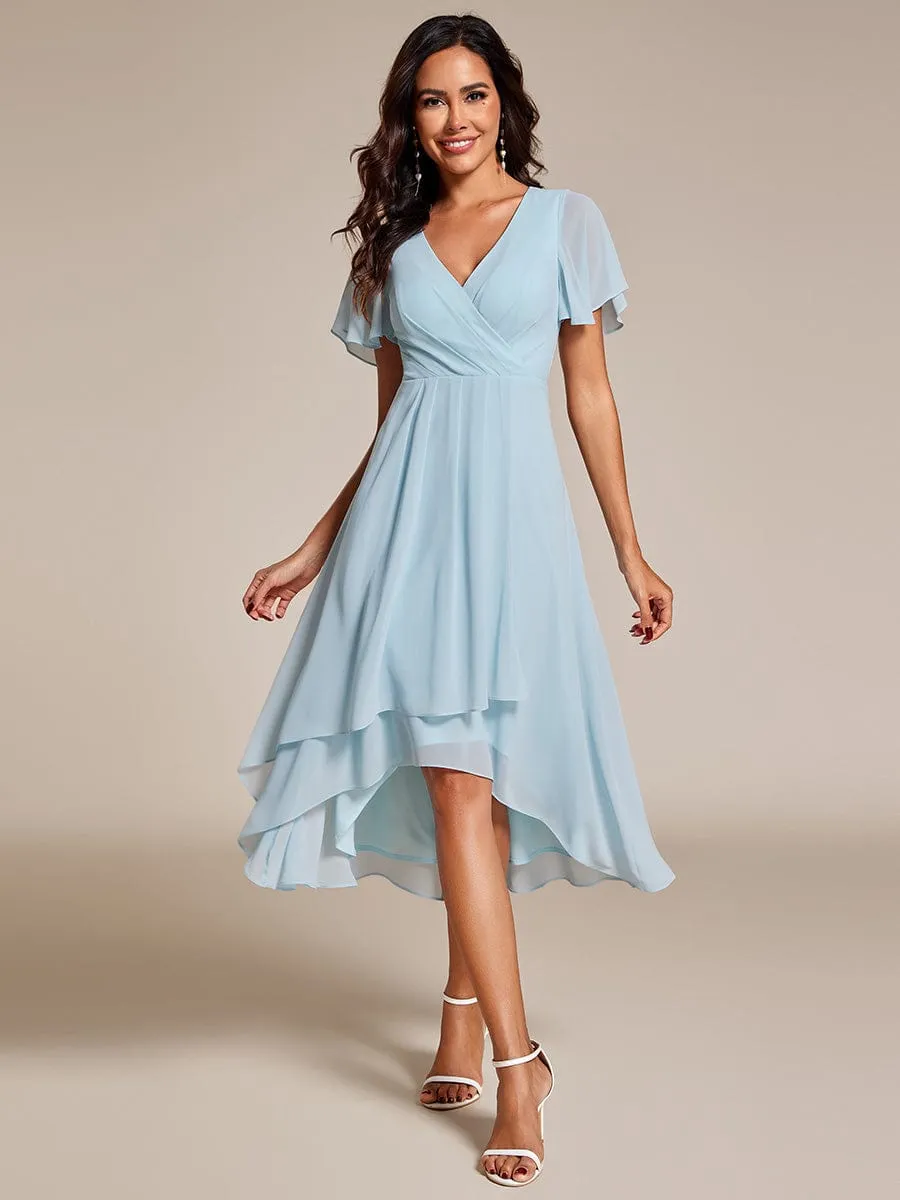 Ruffles Sleeve Pleated V-Neck A-Line Midi Chiffon Wedding Guest Dress