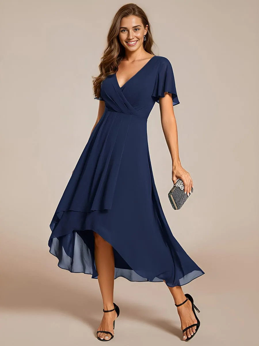 Ruffles Sleeve Pleated V-Neck A-Line Midi Chiffon Wedding Guest Dress