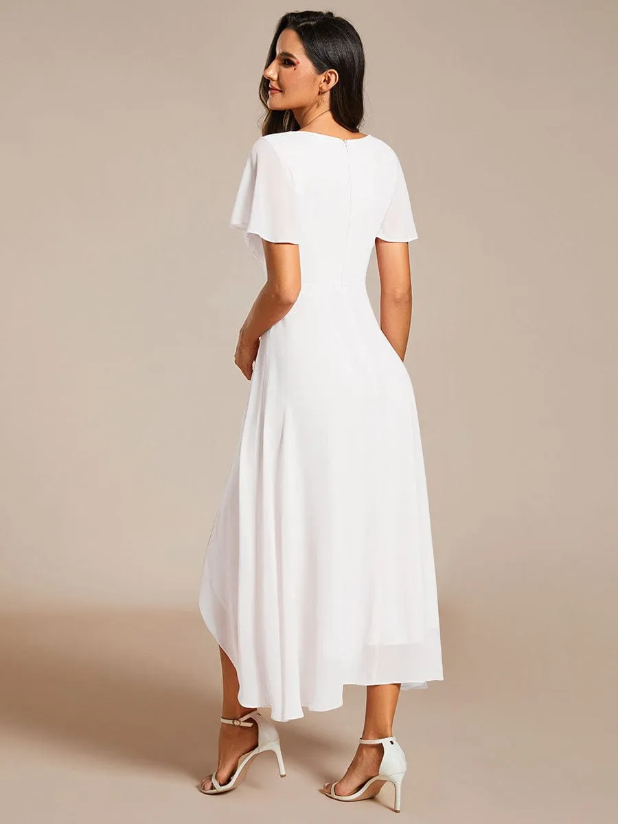 Ruffles Sleeve Pleated V-Neck A-Line Midi Chiffon Wedding Guest Dress