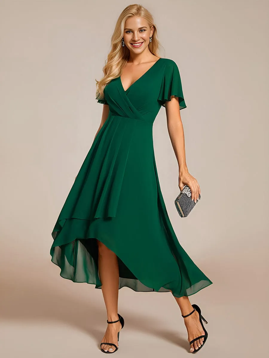 Ruffles Sleeve Pleated V-Neck A-Line Midi Chiffon Wedding Guest Dress