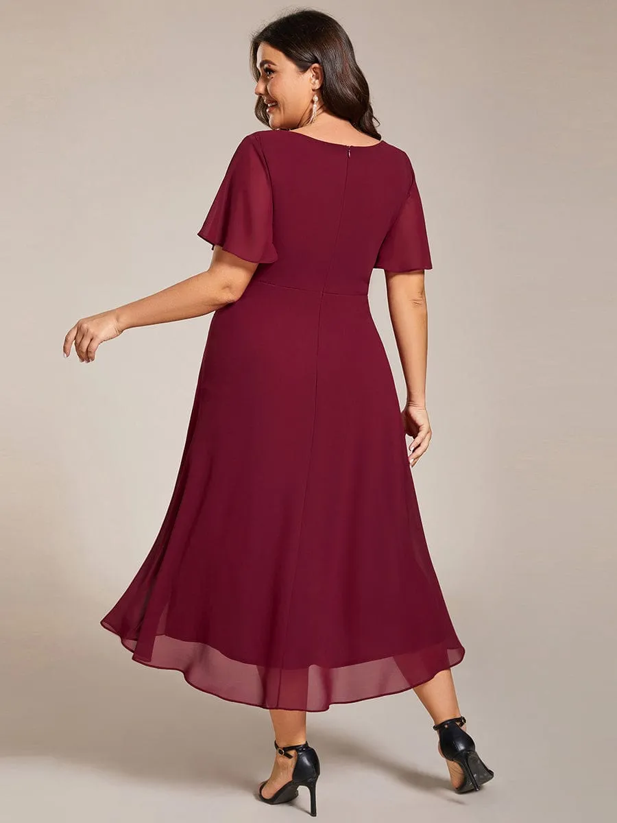 Ruffles Sleeve Pleated V-Neck A-Line Midi Chiffon Wedding Guest Dress