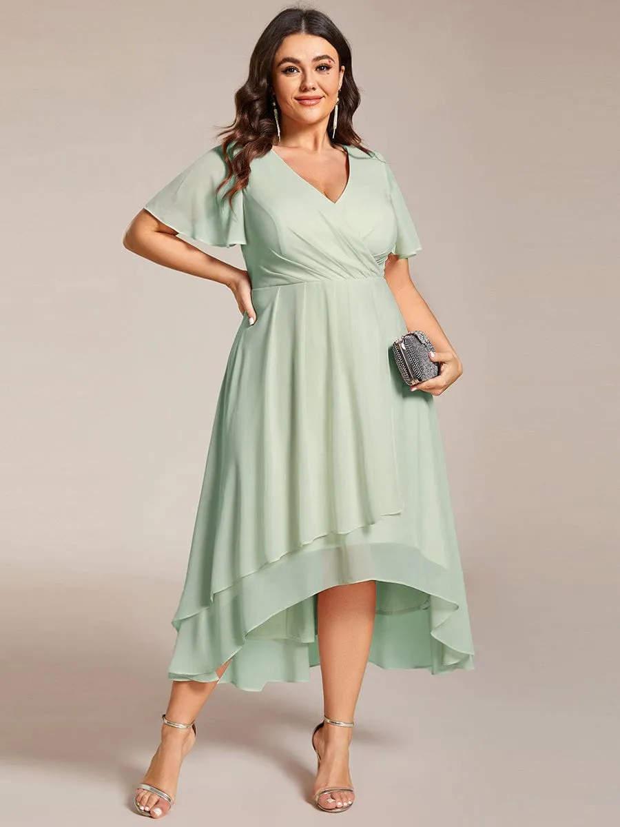 Ruffles Sleeve Pleated V-Neck A-Line Midi Chiffon Wedding Guest Dress