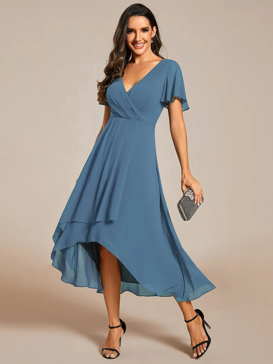 Ruffles Sleeve Pleated V-Neck A-Line Midi Chiffon Wedding Guest Dress