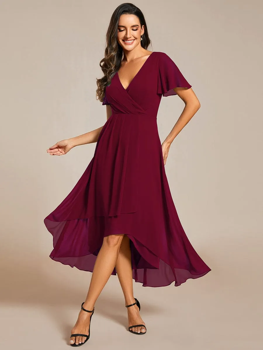 Ruffles Sleeve Pleated V-Neck A-Line Midi Chiffon Wedding Guest Dress